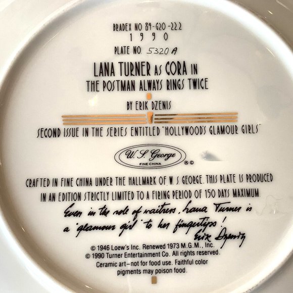 Bradford Exchange Lana Turner as Cora in The Postman Always Rings Twice Plate - Picture 2 of 2